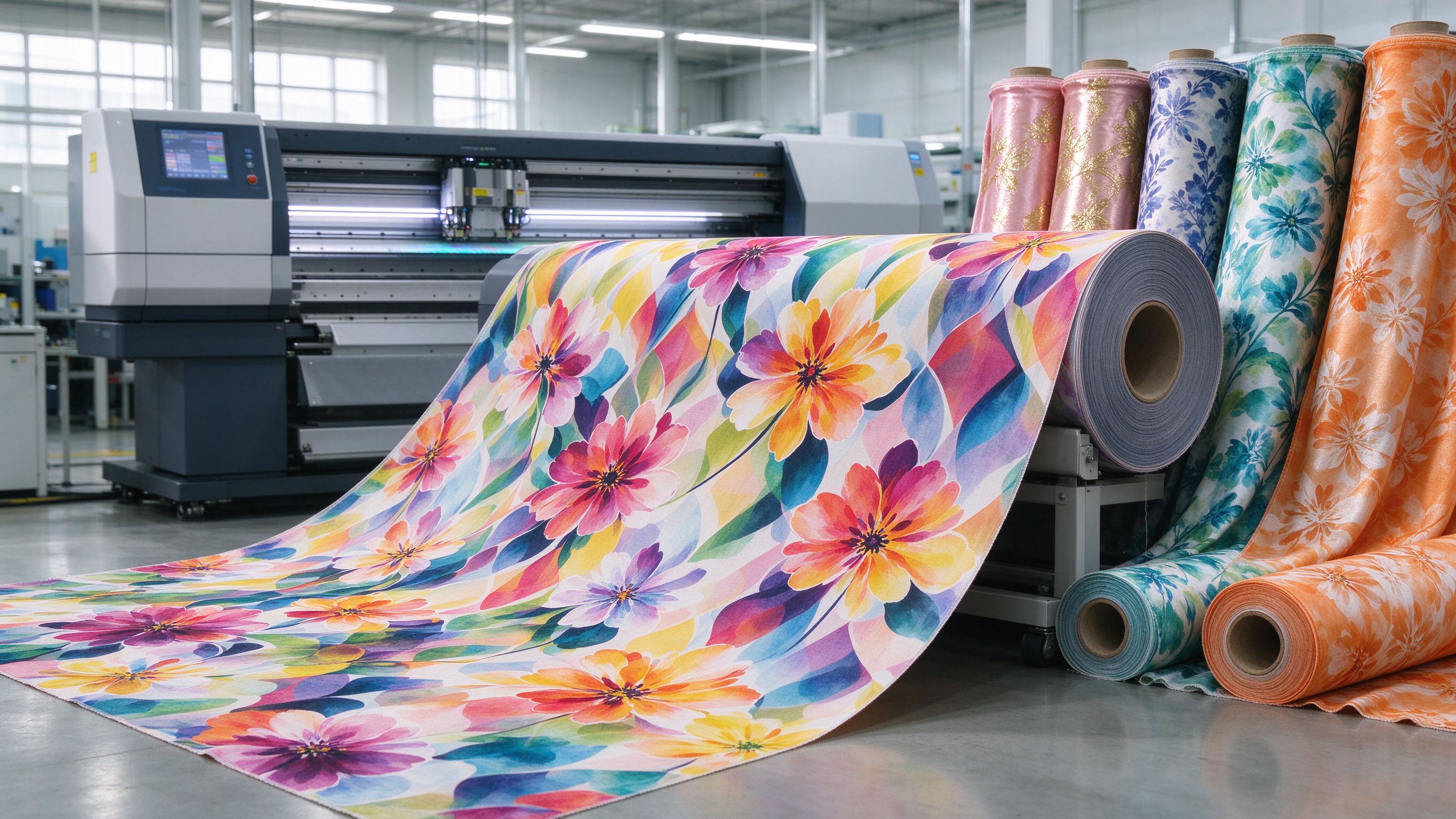 Digital printing workshop producing custom fabric rolls
